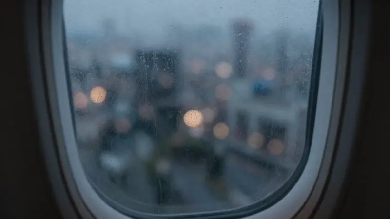 Ventana de avión con condensación y luces borrosas de la ciudad al fondo, creando una atmósfera melancólica y contemplativa.