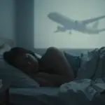 Mujer dormida en una habitación tenuemente iluminada con la silueta difusa de un avión proyectada en la pared detrás.