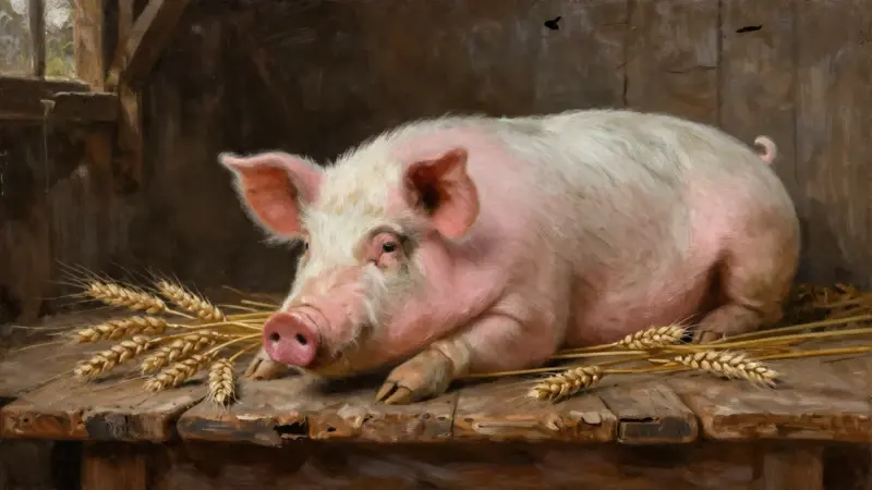Cerdo rosa descansando entre espigas doradas sobre una mesa de madera rústica en el interior de un granero tenuemente iluminado.