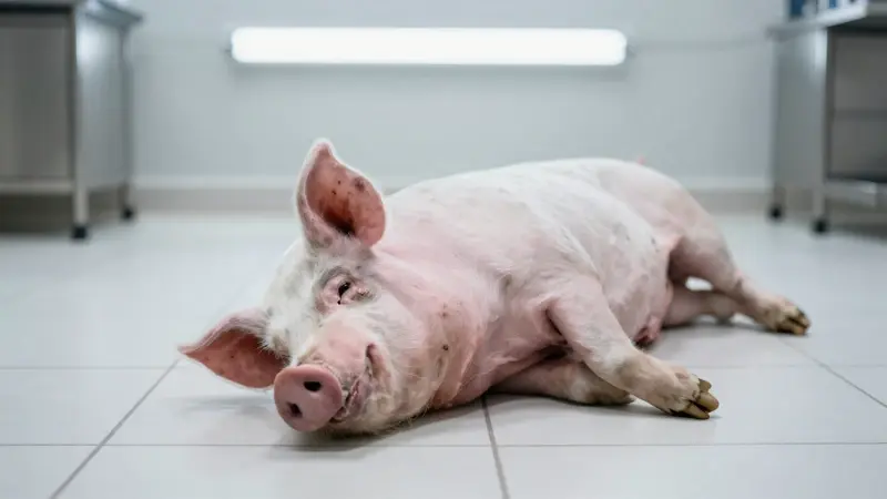 Cerdo muerto tendido en un suelo blanco de baldosas, bajo una luz fluorescente intensa. Ambiente clínico y desaturado, con instrumentos quirúrgicos borrosos en el fondo.
