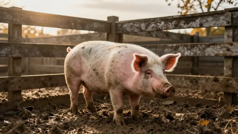 Cerdo realista en un corral embarrado de una granja iluminada por la luz dorada del atardecer.