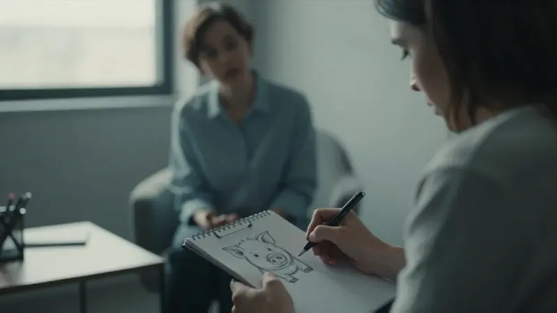 Paciente ansioso dibujando un cerdo en un consultorio psicológico con luz tenue, mientras un terapeuta difuminado ofrece apoyo en segundo plano.