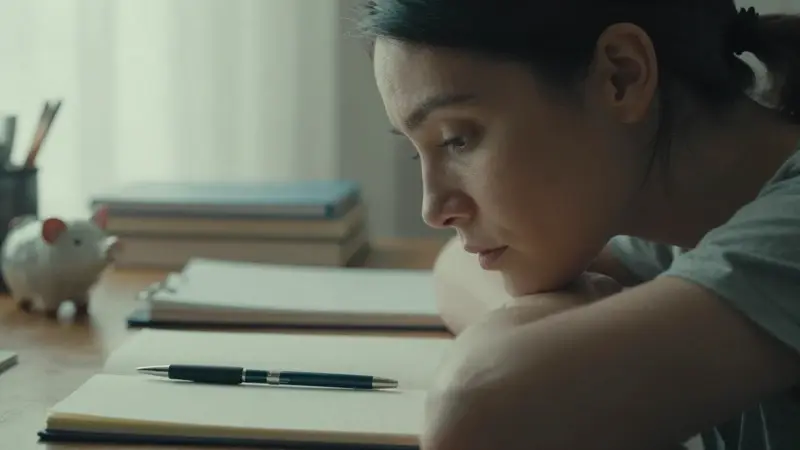 Mujer pensativa en un estudio con escritorio desordenado, frente a un cuaderno abierto, con una figura de cerdito de porcelana visible en el escritorio.