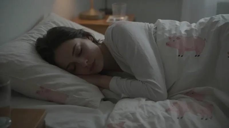 Mujer durmiendo plácidamente en un dormitorio tenuemente iluminado con sutiles patrones de cerdos rosas sobre la ropa de cama.