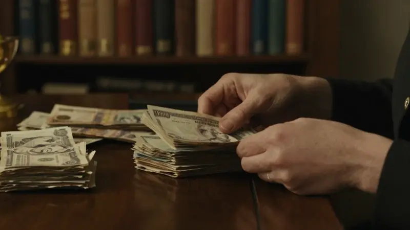 Manos femeninas clasificando billetes antiguos en un estudio tenue con estanterías y escritorio de madera.