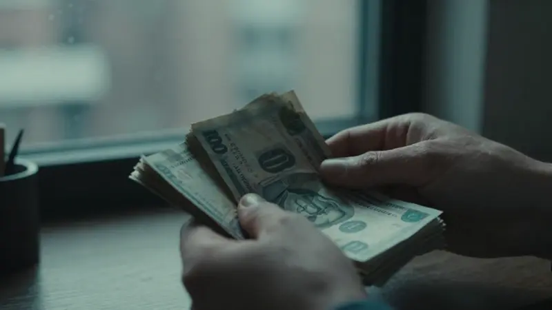 Manos contando billetes desgastados en un consultorio de psicólogo tenuemente iluminado, con una ciudad borrosa de fondo a través de una ventana lluviosa.