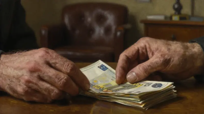 Manos envejecidas contando billetes antiguos de euros en un despacho de psicoanálisis tenuemente iluminado, con un sillón de cuero desenfocado al fondo.