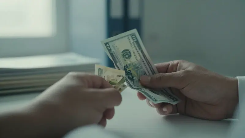 Manos angustiadas sostienen billetes arrugados en un consultorio clínico sobreexpuesto, con libros de psicología desenfocados al fondo. Representación de la ansiedad financiera y la interpretación psicológica de soñar con dinero.