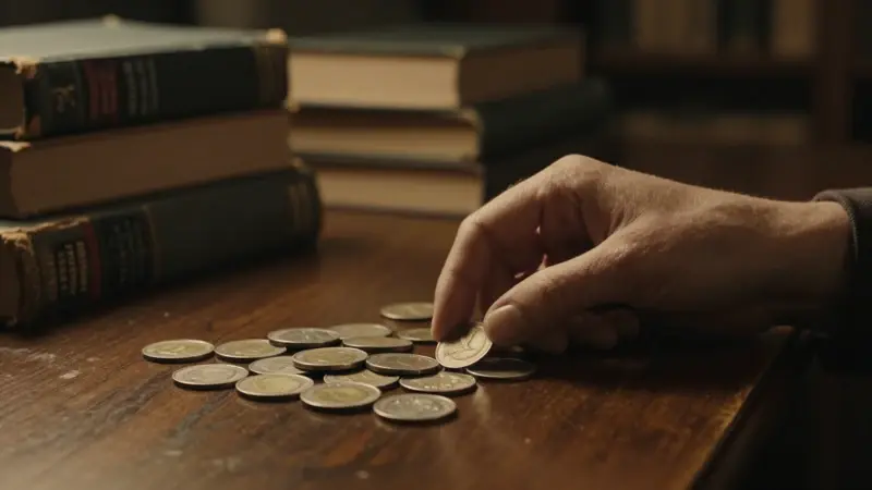 Manos contando monedas antiguas de plata sobre un escritorio de caoba, con libros de psicología difuminados al fondo. Ambiente cálido y melancólico.