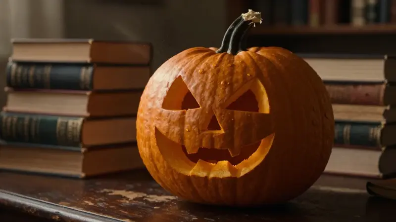 Primer plano de una calabaza tallada y realista, iluminada tenuemente en una habitación con libros antiguos sobre análisis de sueños desenfocados al fondo.