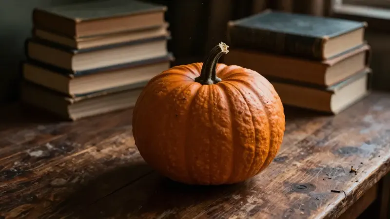 Calabaza realista sobre una mesa de madera envejecida, en un ambiente de estudio tenue con libros antiguos apilados. Atmósfera otoñal y melancólica.