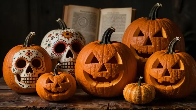 Naturaleza muerta detallada con calabazas talladas de diversas culturas: calaveras mexicanas, Jack O’Lanterns irlandeses y arreglos japoneses Tokonoma, sobre una mesa de madera rústica con libros de análisis de sueños en el fondo.