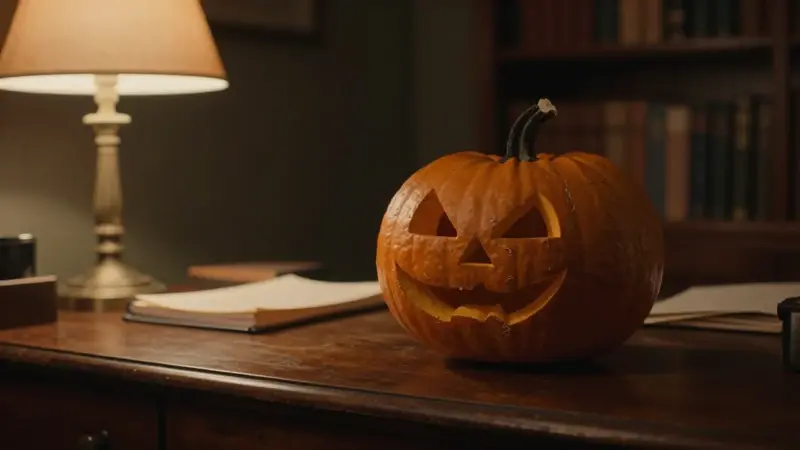 Calabaza tallada sobre un escritorio de madera antigua en un consultorio psicológico tenuemente iluminado, rodeada de libros y cuadernos de sueños.