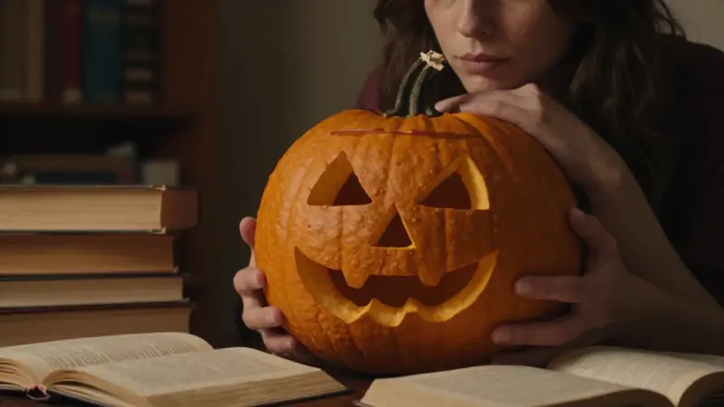 Mujer sosteniendo una calabaza tallada con expresión pensativa, rodeada de libros sobre análisis de sueños en una habitación cálida y tenuemente iluminada.