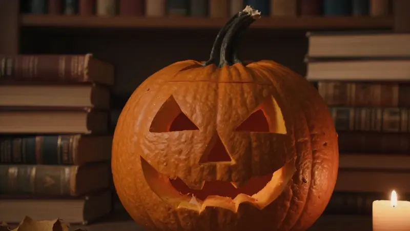 Calabaza tallada iluminada por una vela en un estudio antiguo con libros y estanterías de madera.