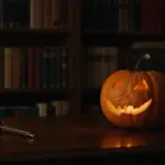Calabaza iluminada sobre un escritorio de madera en un estudio oscuro, rodeada de libros y objetos antiguos. Ambiente onírico y melancólico.