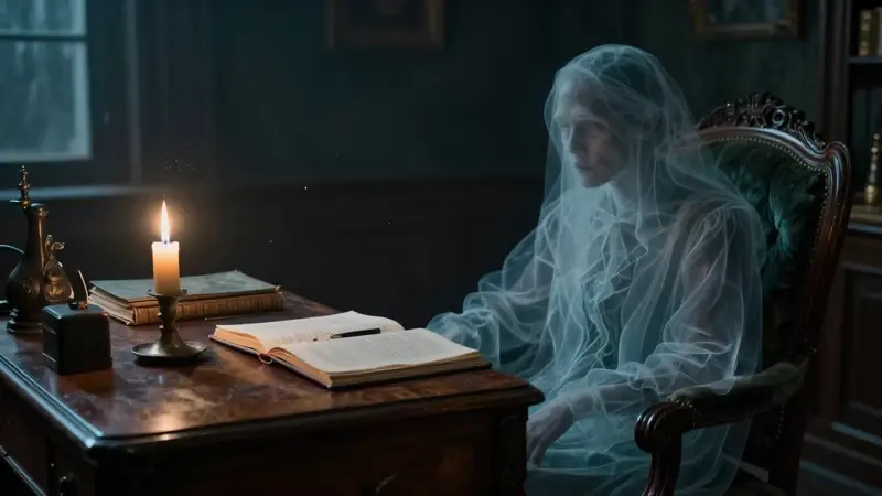 Estudio victoriano tenuemente iluminado con una figura fantasmal sentada en un sillón, observando entre diarios de sueños y a la luz de una vela.