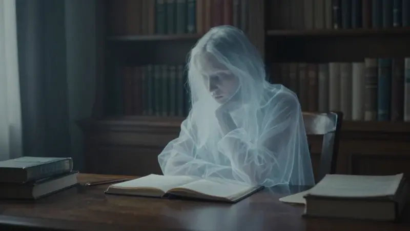 Figura fantasmal y translúcida en un estudio antiguo con escritorio y libros, evocando una atmósfera melancólica y contemplativa.