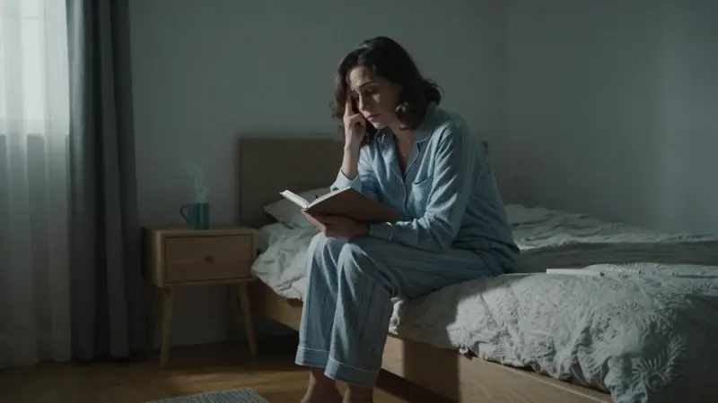 Mujer en pijama sentada en la cama, escribiendo en un diario en un dormitorio tenuemente iluminado, con una taza al vapor en la mesita de noche.