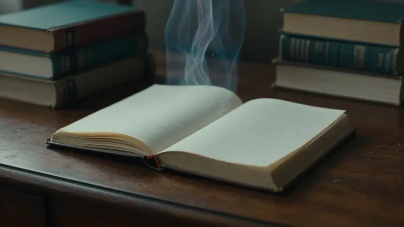 Estudio tenuemente iluminado con un diario de sueños abierto y la figura translúcida de un fantasma sobre él, rodeado de libros de psicología antiguos.