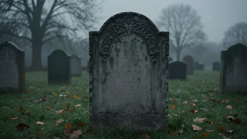 Cementerio antiguo al atardecer crepuscular, con una lápida ornamentada cubierta de rocío y hojas otoñales esparcidas.