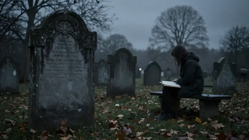 Cementerio antiguo y cubierto de maleza al atardecer, con una figura solitaria sentada en un banco escribiendo en un diario.