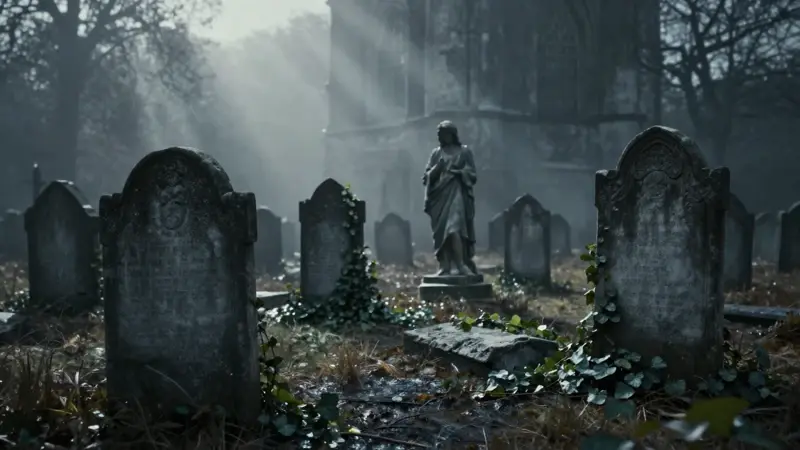 Antiguo cementerio cubierto de musgo y neblina, con lápidas de piedra y estatuas derrumbadas. Una figura solitaria se vislumbra a lo lejos en este paisaje gótico y melancólico.