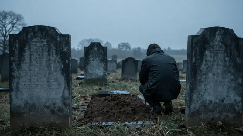 Cementerio al atardecer con una figura solitaria observando una tumba recién excavada, evocando una atmósfera melancólica y brumosa.