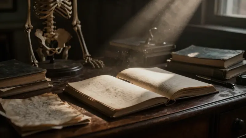 Estudio antiguo tenuemente iluminado con un esqueleto anatómico y diarios de sueños sobre un escritorio de madera.