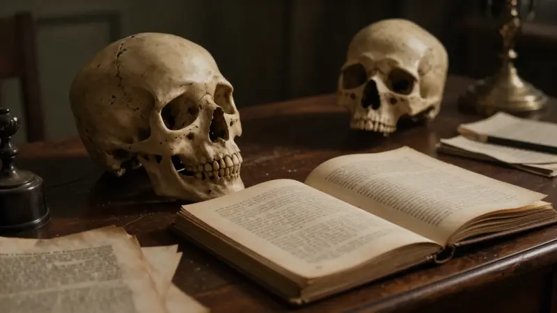 Cráneo de esqueleto sobre un escritorio antiguo en un estudio tenuemente iluminado, rodeado de libros de psicología y un diario de sueños abierto.