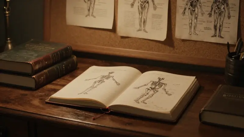 Escritorio antiguo con un diario de sueños abierto mostrando dibujos de esqueletos, rodeado de libros de psicología y dibujos anatómicos. Ambiente académico y tenue con iluminación cálida.