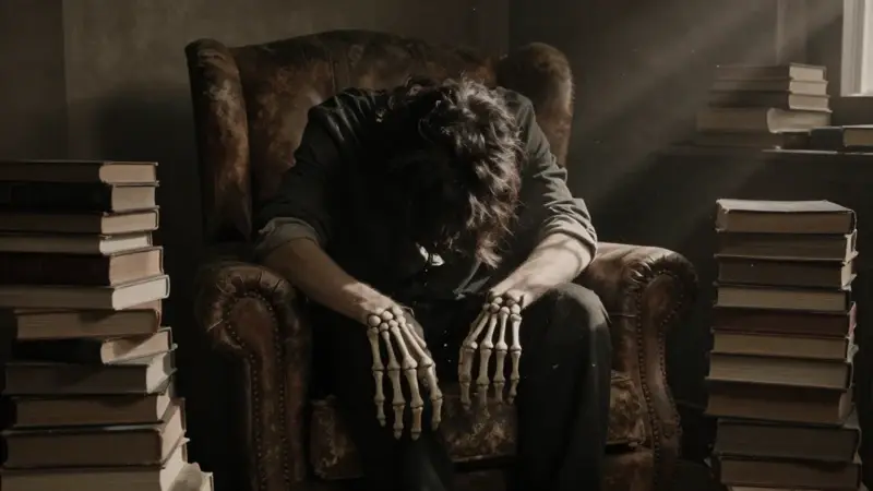Figura solitaria en un sillón desgastado, con manos esqueléticas emergiendo de las sombras en un estudio polvoriento.