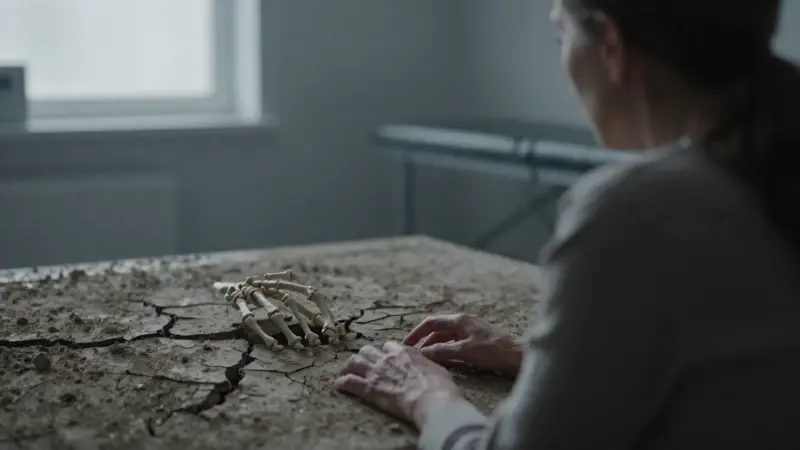 Mano esquelética emergiendo de tierra agrietada frente a una mujer sentada en un consultorio psicológico tenuemente iluminado.