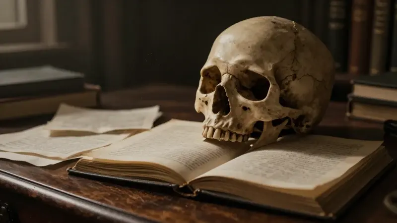 Cráneo humano parcialmente oculto entre páginas de un diario de sueños, en un estudio antiguo con notas de análisis psicológico.