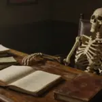 Estudio antiguo tenuemente iluminado con un esqueleto humano reclinado en una silla, rodeado de diarios de sueños y objetos antiguos.