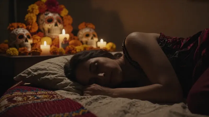 Mujer durmiendo en un dormitorio tenuemente iluminado con un altar de Día de Muertos borroso al fondo, creando una atmósfera onírica y melancólica.