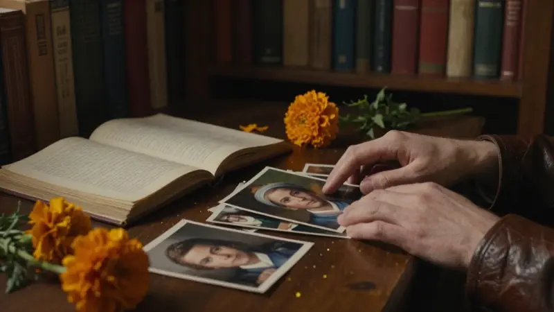 Estudio tenuemente iluminado con libros y fotografías antiguas de seres queridos rodeadas de flores de cempasúchil, evocando la memoria y la reflexión sobre el Día de Muertos.