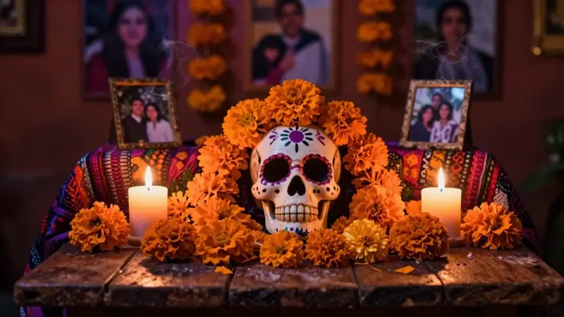Altar de Día de Muertos con flores de cempasúchil, calavera pintada y fotografías familiares borrosas al fondo, iluminado por velas y copal.