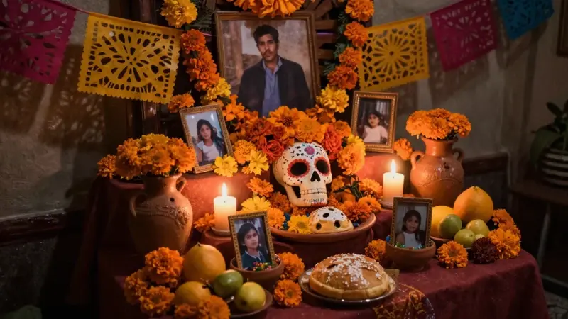 Ofrenda de Día de Muertos decorada con cempasúchil, papel picado, velas y ofrendas de comida y fotografías familiares, evocando un ambiente de recuerdo y nostalgia.
