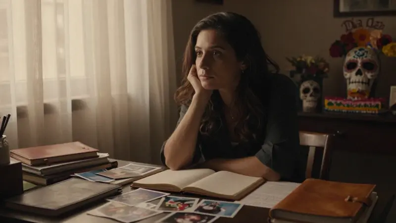 Mujer reflexiva en un escritorio lleno de diarios de sueños y fotografías, con una ofrenda de Día de Muertos desenfocada al fondo. Ambiente melancólico en un apartamento de la Ciudad de México.