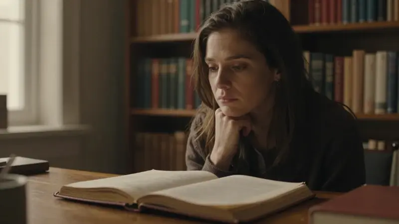 Mujer pensativa en un estudio lleno de libros, con un diario abierto sobre una mesa de madera, evocando una atmósfera melancólica y otoñal.
