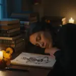 Escena onírica con una mujer durmiendo en un estudio lleno de libros, frente a una ofrenda de Día de Muertos con flores y velas, y un boceto de calaveras.