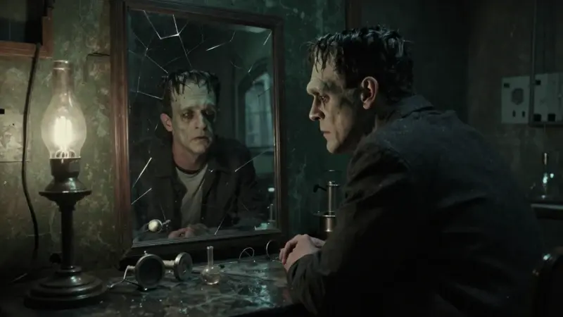 Interior de laboratorio gótico con una figura angustiada reflejada en un espejo roto, mostrando rasgos de Frankenstein fusionados con su rostro. Ambiente melancólico y opresivo.