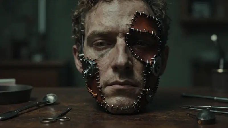 Retrato dramático de un rostro que se funde con cuero cosido y elementos metálicos, en un laboratorio tenuemente iluminado con instrumentos quirúrgicos antiguos sobre una mesa de madera.