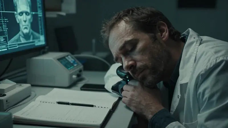 Investigador exhausto en un laboratorio tenuemente iluminado, rodeado de apuntes y equipo de estudio del sueño, con una proyección fantasmal del monstruo de Frankenstein al fondo.