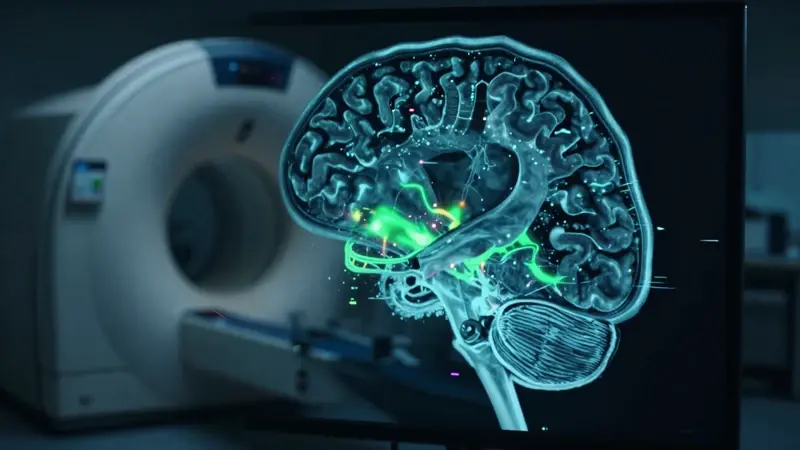 Escaneo cerebral con formas monstruosas parpadeantes en un laboratorio oscuro, aludiendo a la interpretación de sueños sobre Frankenstein y pesadillas.