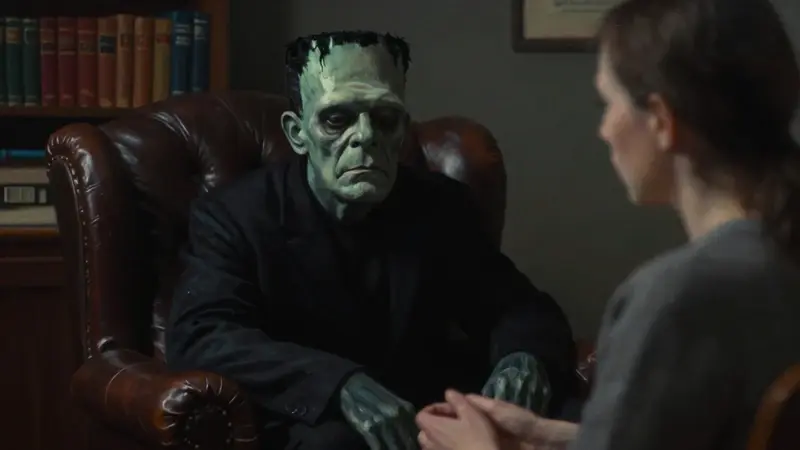 Paciente en sesión de psicoanálisis, con la figura amenazante de Frankenstein parcialmente visible en la penumbra, evocando miedo y confusión en un ambiente íntimo y sombrío.