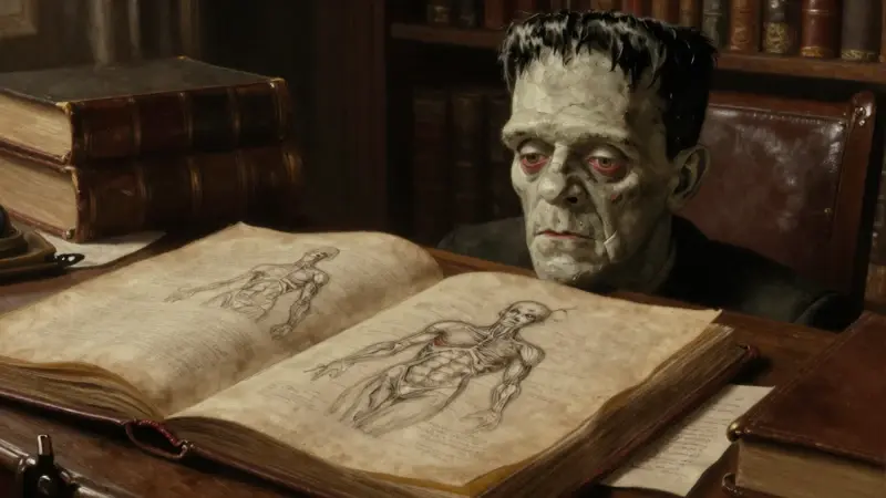Boceto anatómico detallado de la criatura de Frankenstein en una biblioteca antigua y tenuemente iluminada, con libros de cuero y notas dispersas sobre una mesa de caoba.