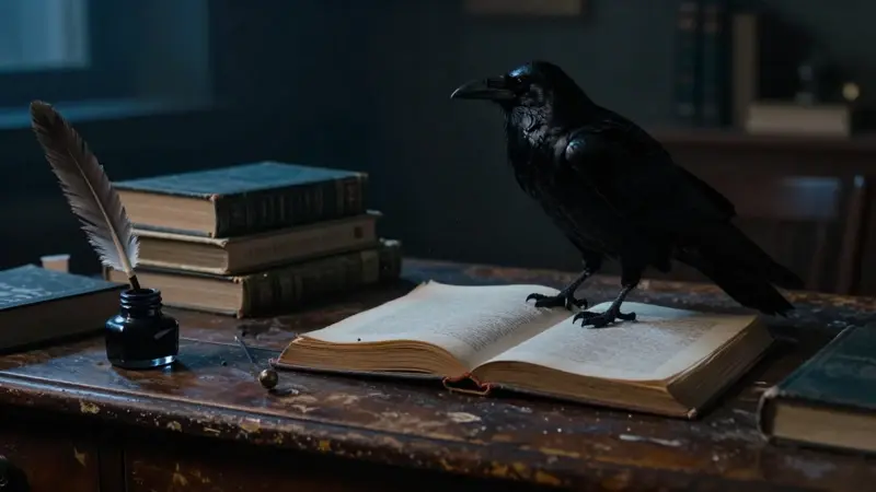 Cuervo posado sobre libros de análisis de sueños en un escritorio antiguo, con iluminación dramática y ambiente melancólico.