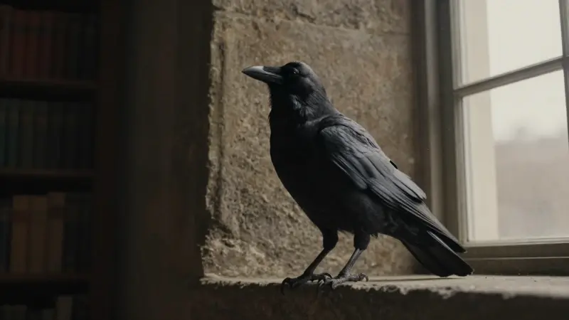 Cuervo posado en el alféizar de una ventana antigua, con una biblioteca polvorienta y tenue luz matinal de fondo.